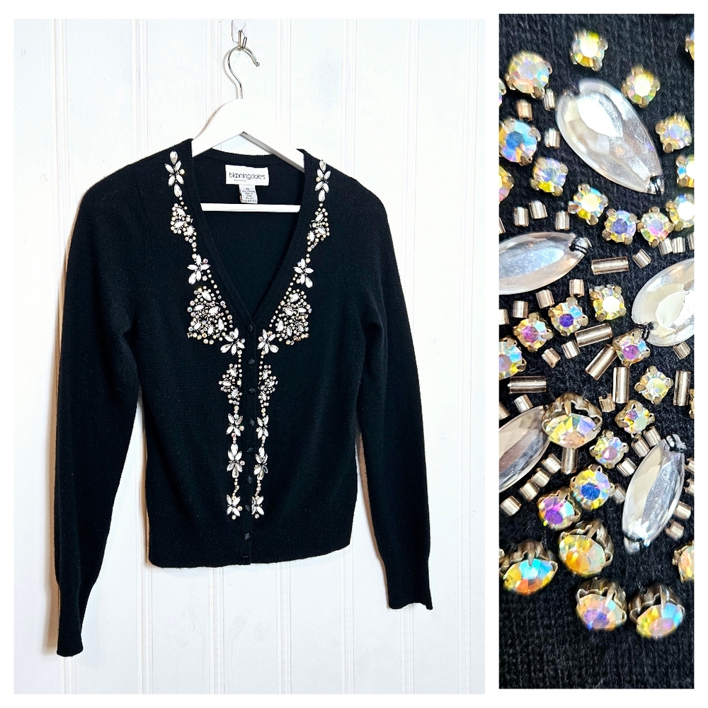 Vintage Bloomingdale's Cardigan SP Cashmere Jeweled Rhinestone Beaded Black Glam